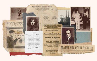 Collage of images from the founding decades of the ACLU including photos and newspaper headlines