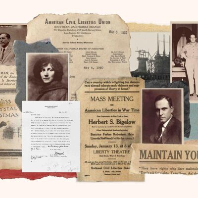 Collage of images from the founding decades of the ACLU including photos and newspaper headlines