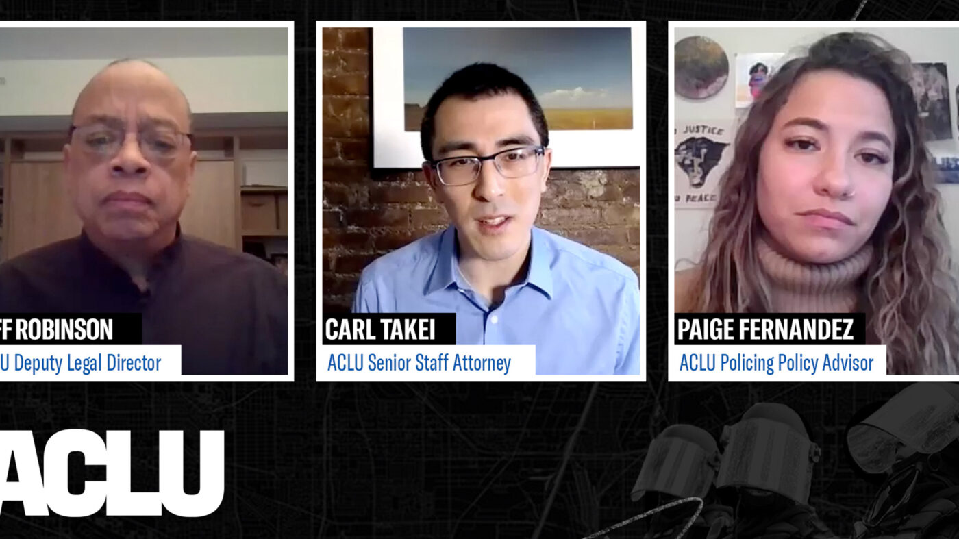 Photo of ACLU staff members Jeff Robinson, Carl Takei, and Paige Fernandez discussing police reform