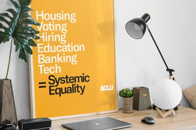 A picture of ACLU's systemic equality poster framed and placed on top of a desk.