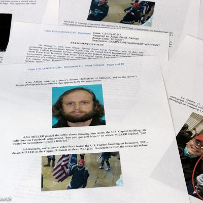 A statement of facts document with images of an insurrectionist at the riot in the Capitol Building.