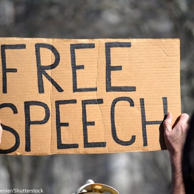A sign reading FREE SPEECH is held aloft by person protesting immigration laws banning some Muslims at Battery Park in Manhattan in 2017 in New York City