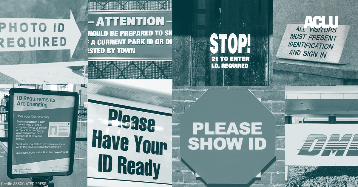 A collage of signs that read "Please Show Your ID" and "Please have your ID ready"
