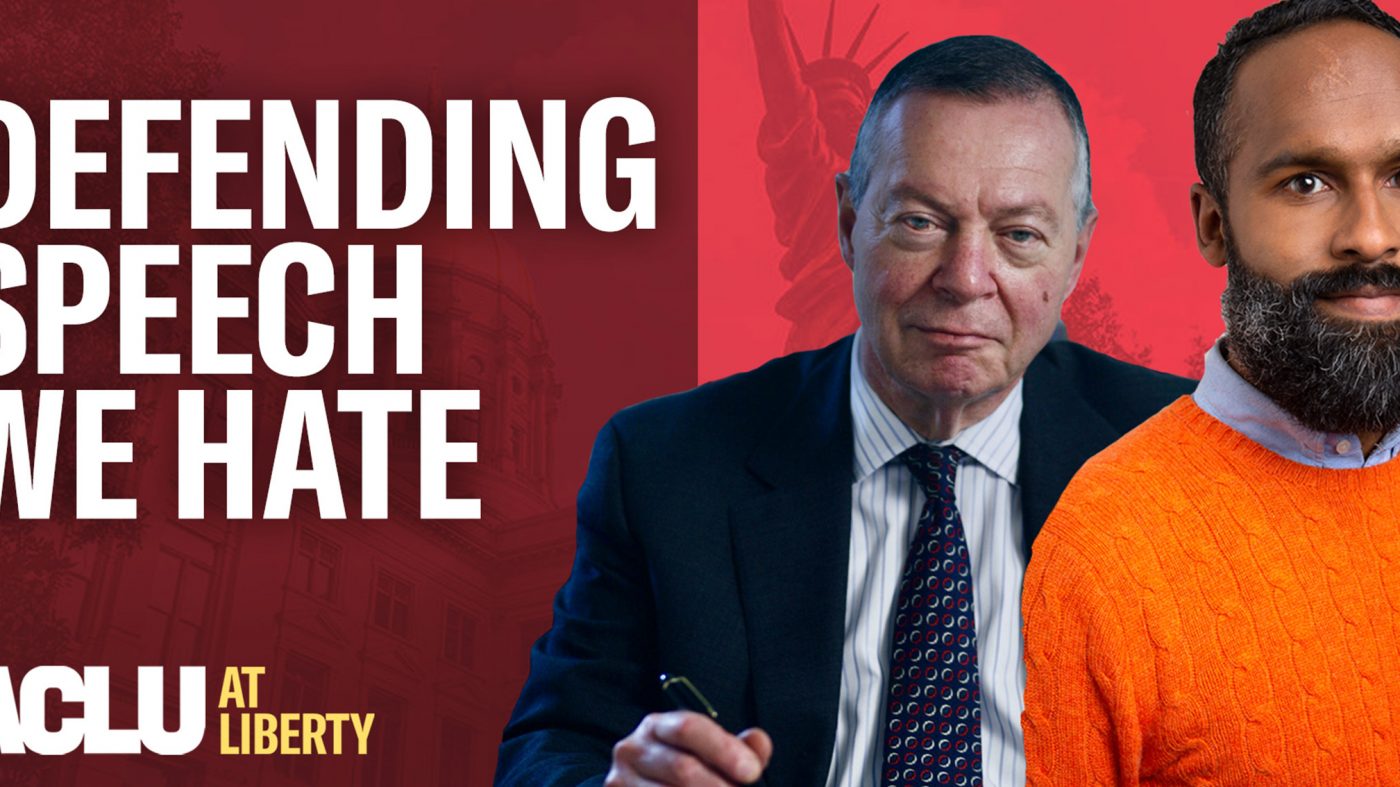 Video thumbnail reads "Defending Speech We Hate" with photo of former host Emerson Skyes and former ACLU director Aryeh Neier