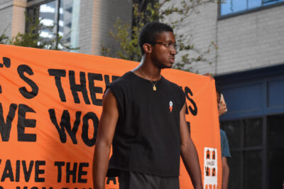 Aaron Booe at a protest in Austin in 2020