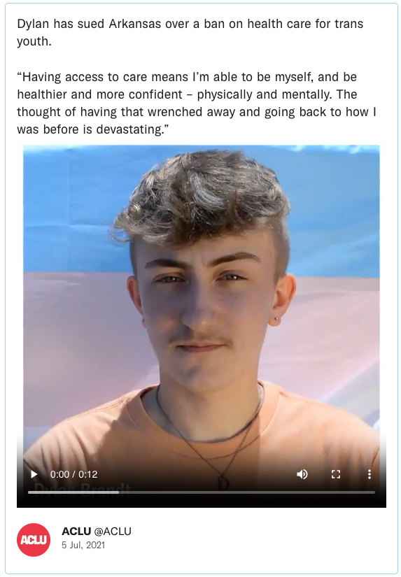 Dylan has sued Arkansas over a ban on health care for trans youth.