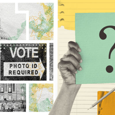 A collage banner that reflects voting rights imagery and a quiz question ard