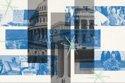 Beige and blue collage of images depicting Congress, the White House, protest moments throughout 2021.