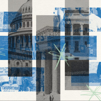 Beige and blue collage of images depicting Congress, the White House, protest moments throughout 2021.