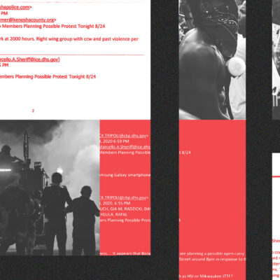 A collage of sheriff images at protests and text message evidence from the night of the 2020 Kenosha protests.
