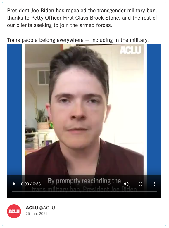 President Joe Biden has repealed the transgender military ban, thanks to Petty Officer First Class Brock Stone, and the rest of our clients seeking to join the armed forces. Trans people belong everywhere — including in the military.