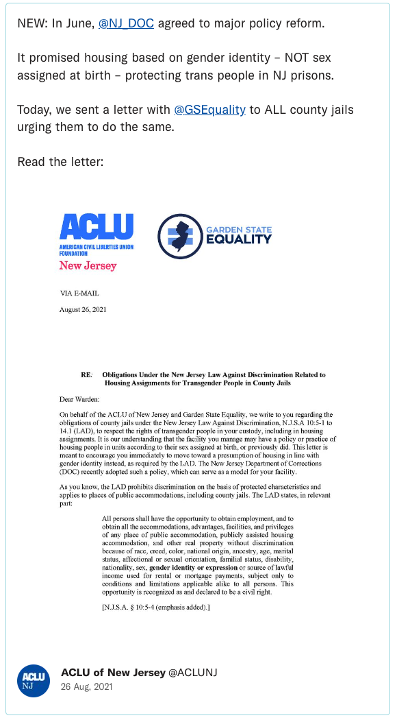 NEW: In June, @NJ_DOC agreed to major policy reform. It promised housing based on gender identity – NOT sex assigned at birth – protecting trans people in NJ prisons. Today, we sent a letter with @GSEquality to ALL county jails urging them to do the same.
