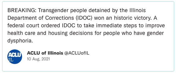 BREAKING: Transgender people detained by the Illinois Department of Corrections (IDOC) won an historic victory. A federal court ordered IDOC to take immediate steps to improve health care and housing decisions for people who have gender dysphoria.
