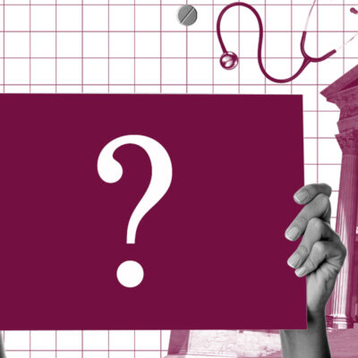 A purple collage of images, including the Supreme Court, a stethoscope, and two hands holding a sign with a question mark.