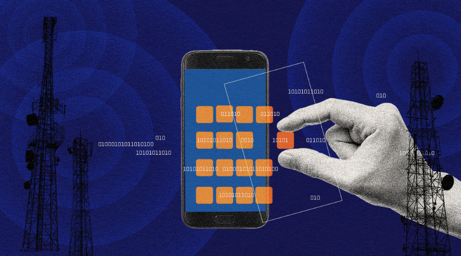 A graphic of a hand holding squares in front of a smartphone.