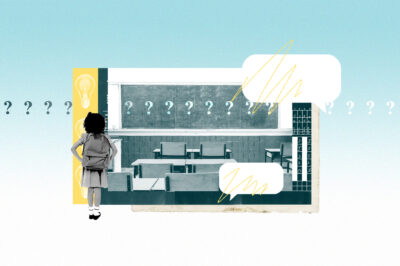 An image depicting a classroom, lightbulbs, thought bubbles, and a child with a backpack.