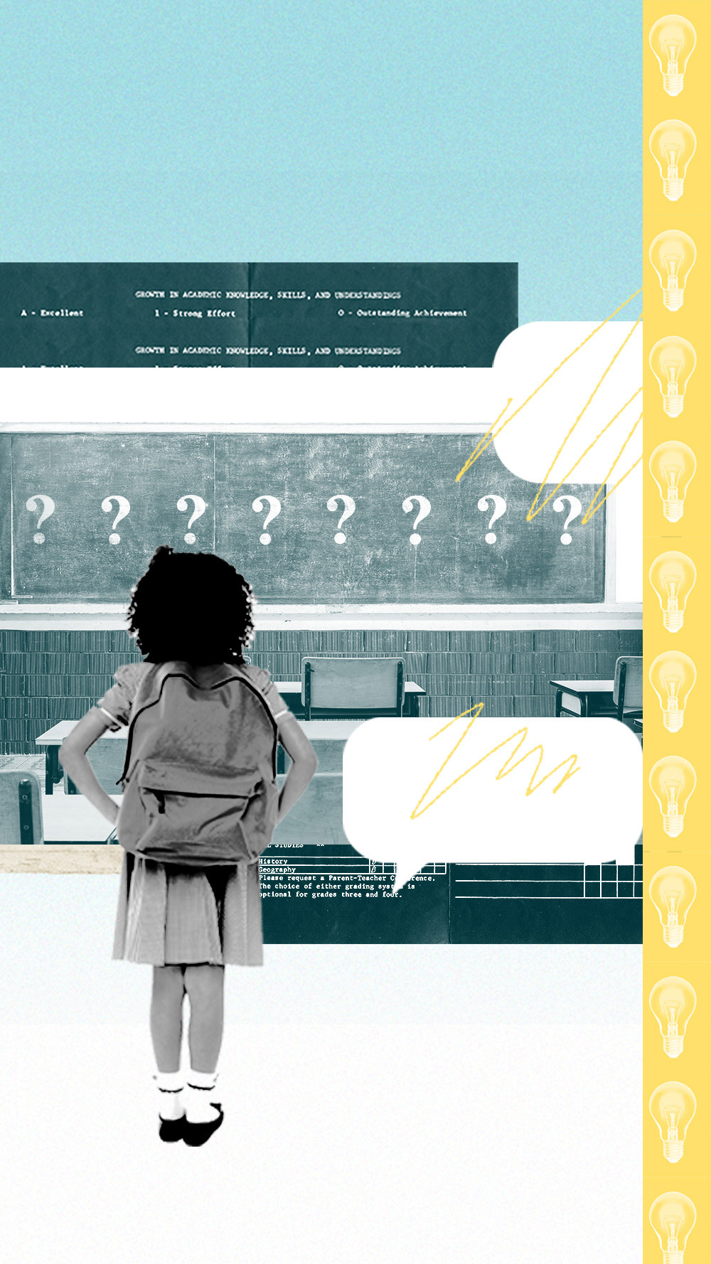 An image depicting a classroom, lightbulbs, thought bubbles, and a child with a backpack.