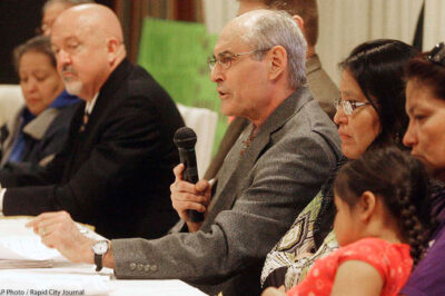 Stephen Pevar discussing unjust illegal actions taken against Native American families by the state of South Dakota at a press conference.