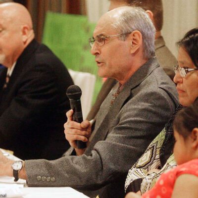 Stephen Pevar discussing unjust illegal actions taken against Native American families by the state of South Dakota at a press conference.