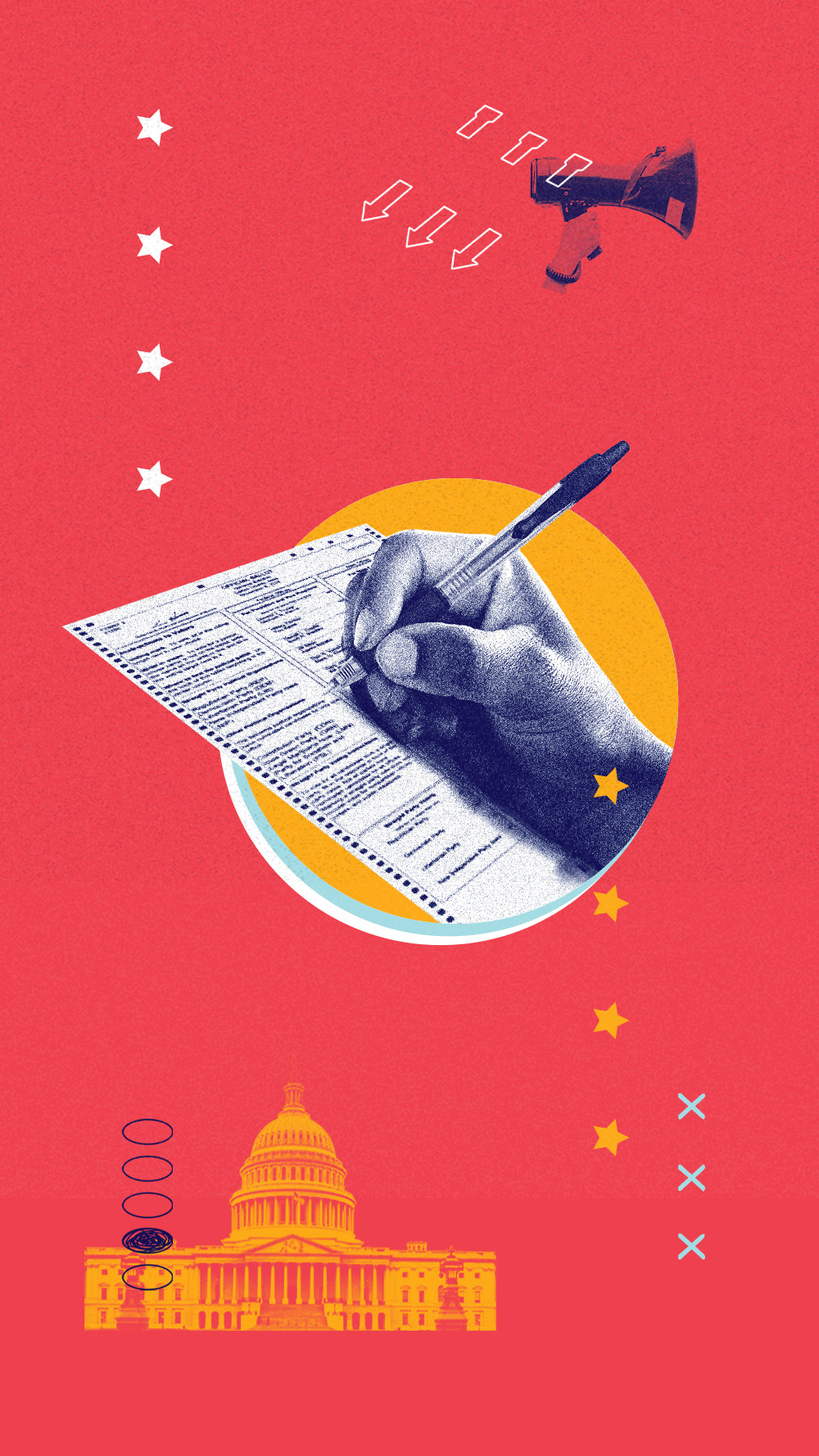 A red background containing white and gold stars, a large image of a hand with pen filling out a voting slip, white arrows, fill-in bubbles and the Capitol building.