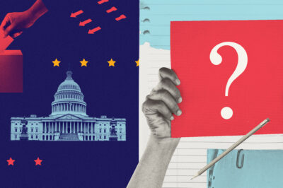 A collage of voting-related imagery including a ballot box, ballot bubbles to fill in and the U.S. Capitol building.