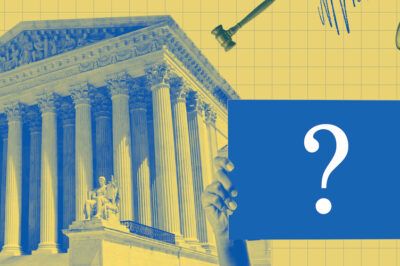 A collage that includes graphics of the Supreme Court, a gavel, and a blow horn.