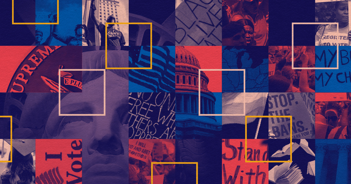 A collage that displays how the ACLU shows up when it matters most. The collage includes photos of Black Lives Matter signs, the Statue of Liberty, the Capitol, and more.