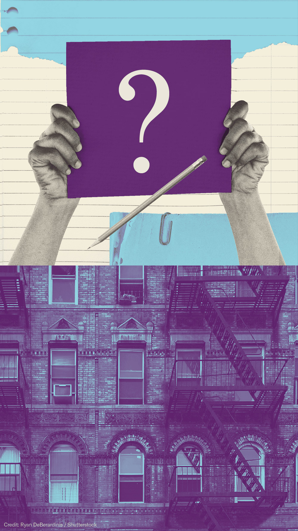 An areal view of a neighborhood of houses next to a graphic of someone holding a sign with a question mark on it.