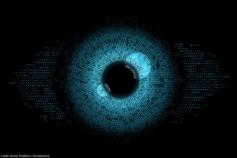 Digital eye composed of ones and zeros.