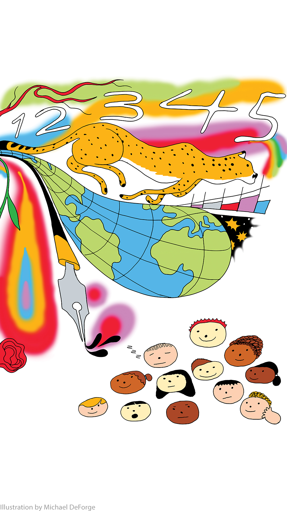 Right To Learn illustration featuring a a teacher with a piece of chalk that has vines, a globe, animals and numbers springing from it in front of children's faces.