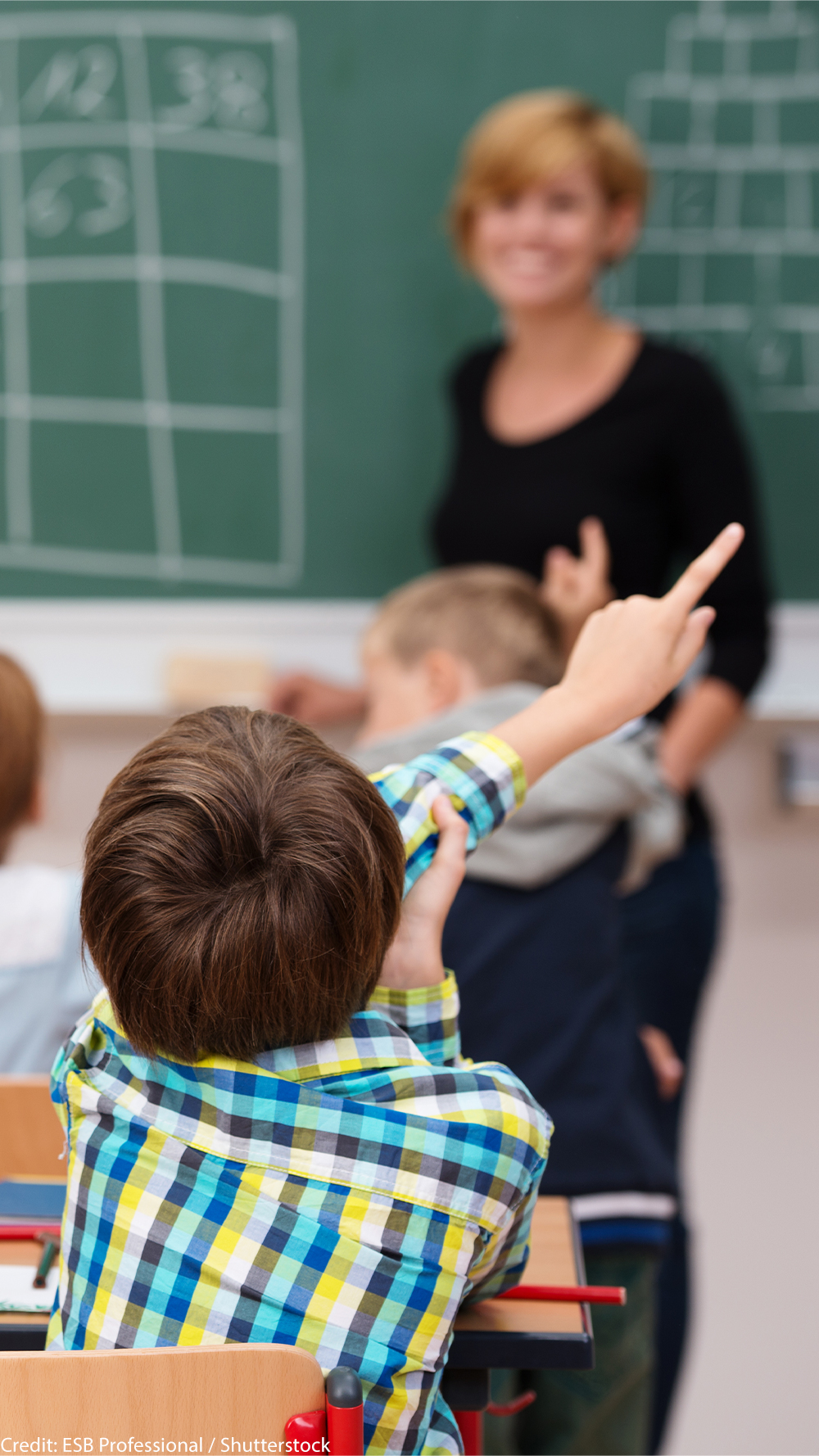 Middle school students raising hands to answer teacher.