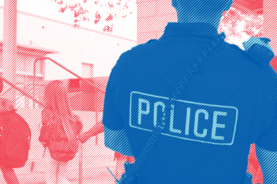 Collage of a cop at a school