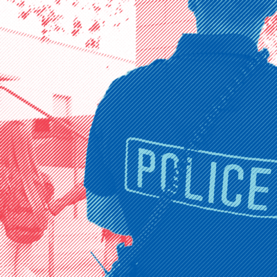 Collage of a cop at a school