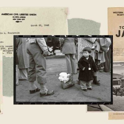 A collage of historical photos and documents, including a page with the heading "Instructions to All Persons of Japanese Ancestry"