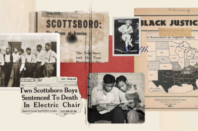 A collage of artifacts from the Scottsboro Boys, including historical images, a newspaper heading, and a map