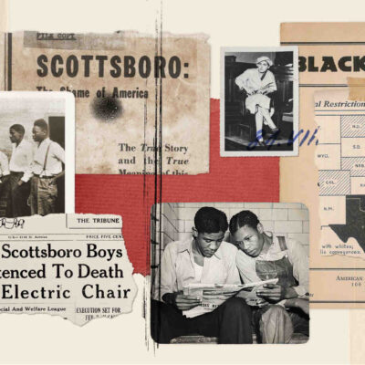 A collage of artifacts from the Scottsboro Boys, including historical images, a newspaper heading, and a map
