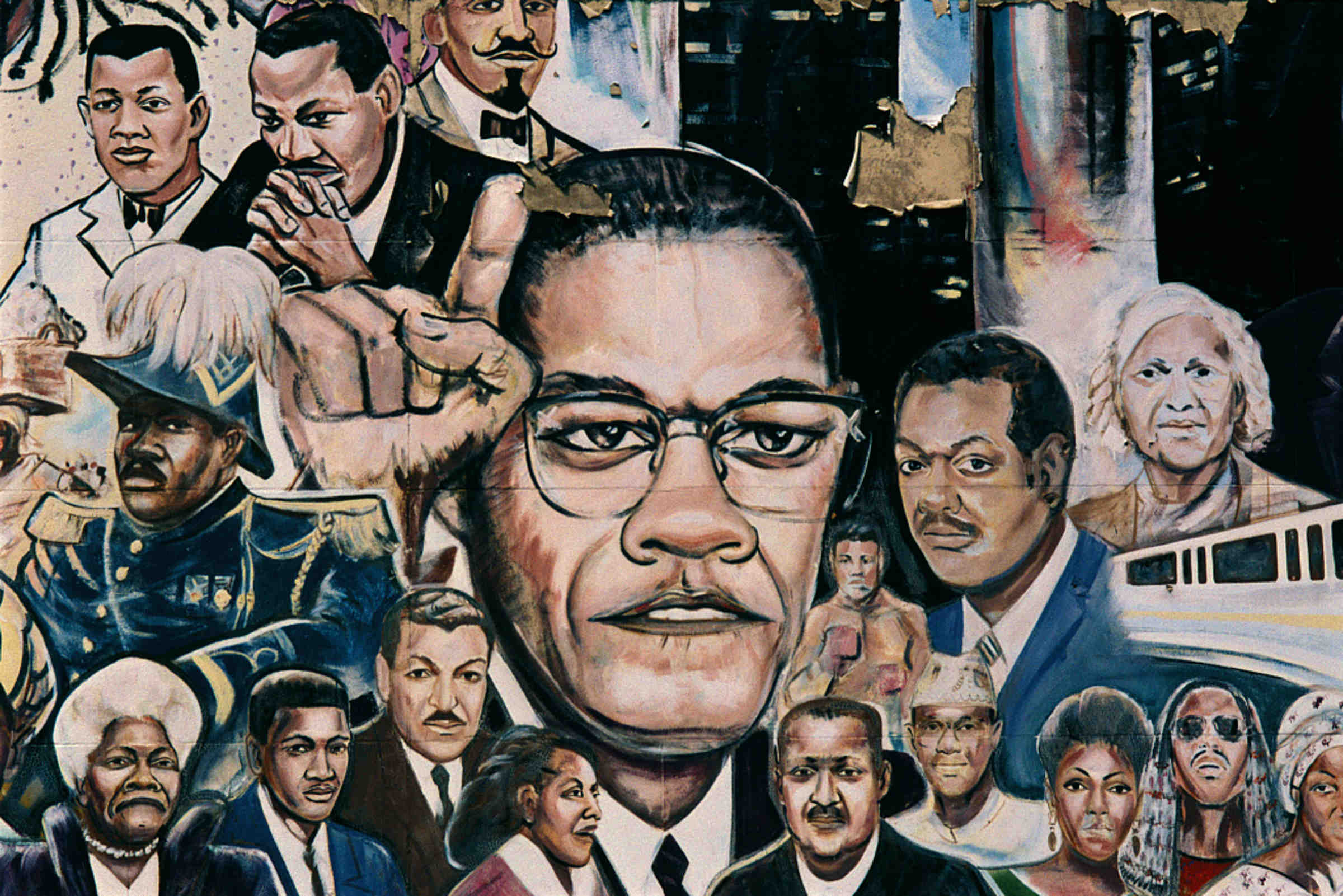 Mural featuring portraits of many African American leaders, including Malcolm X and Martin Luther King Jr