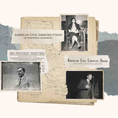 A collage of 3 portraits, several document clippings, and a map of California