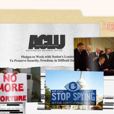 A collage of large photos and document clippings, featuring prominent text like "No More Torture" and "Stop Spying"