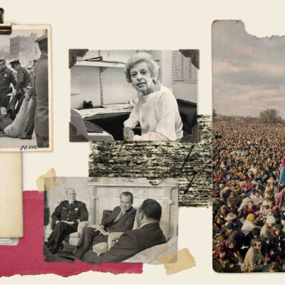 Collage of historical photos (including a large group of protestors near the Washington Monument) and the cover of a report that reads "May Day 1971, Order Without Law"