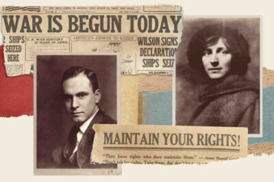 A collage with several portraits and newspaper clippings that read "War is Begun Today" and "Maintain Your Rights"