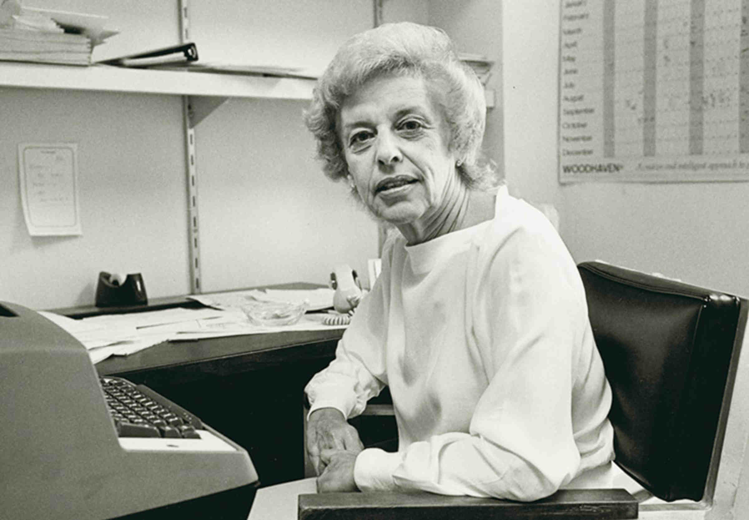 ACLU Associate Director Florence Isbell sitting at her desk, 1984 (Credit: ACLU Archives, Lawrence Frank)