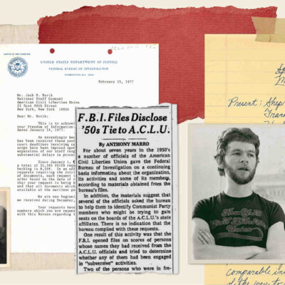 Collage of portraits and document clippings, including a newspaper that reads "FBI Files Disclose '50s Tie to ACLU"