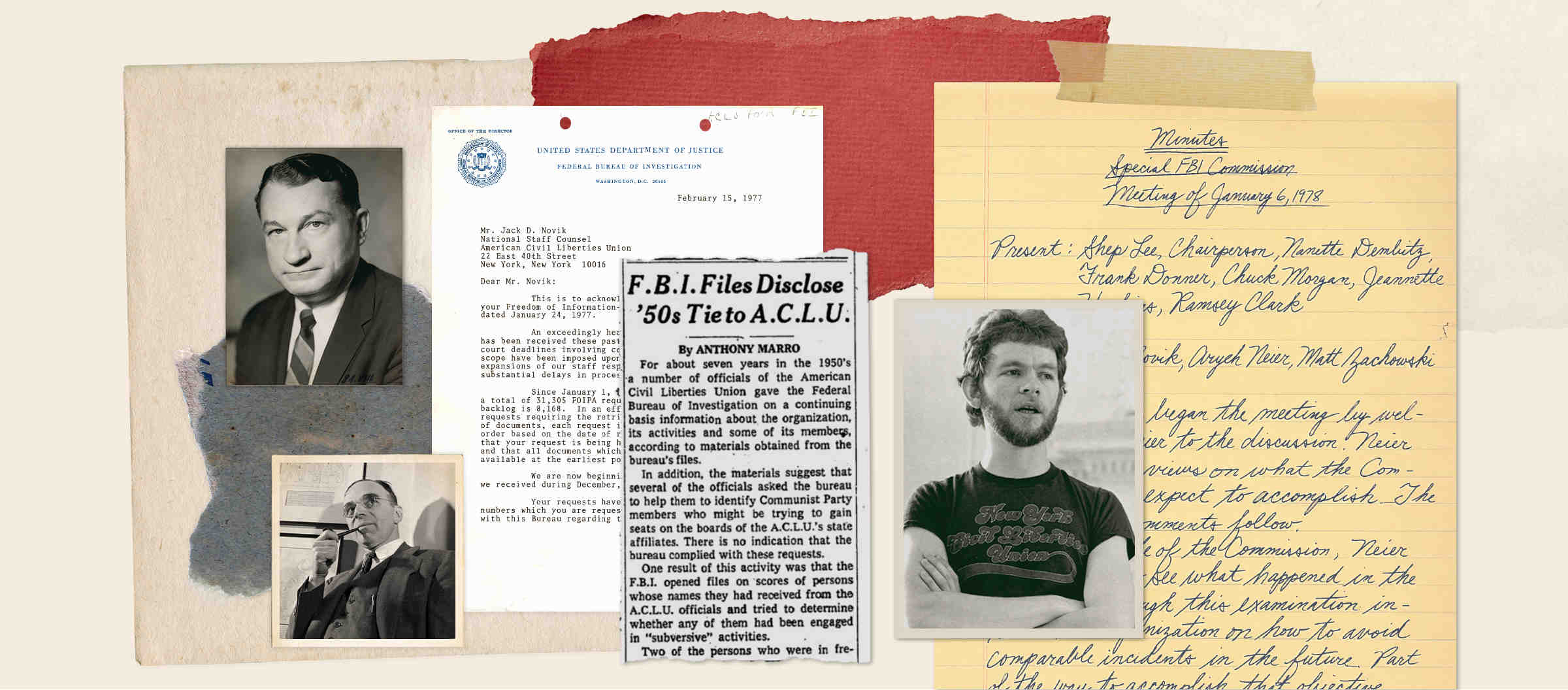 Collage of portraits and document clippings, including a newspaper that reads "FBI Files Disclose '50s Tie to ACLU"