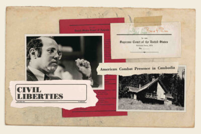 A collage of historical photos and document clippings, featuring texts that read "Civil Liberties" and "American Combat Presence in Cambodia"