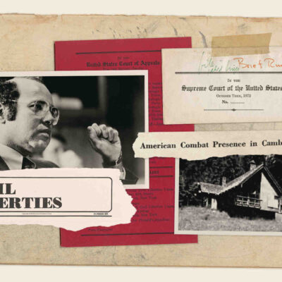 A collage of historical photos and document clippings, featuring texts that read "Civil Liberties" and "American Combat Presence in Cambodia"