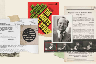 A collage of historic document clippings and a portrait of Burt Neuborne