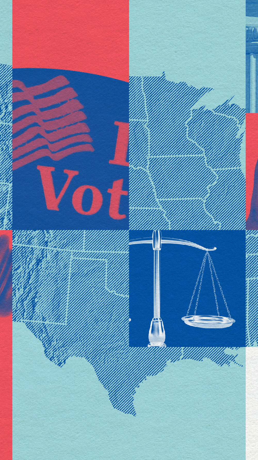 A graphic featuring a map of the United States and different voting and legislative motifs.