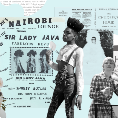 A collage shows photos of LGBTQ people and historical newspaper clippings about LGBTQ rights, on a blue background.