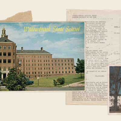 A collage of photos and document clippings, including portraits of Bruce Ennis and a photo oft he Willowbrook State School